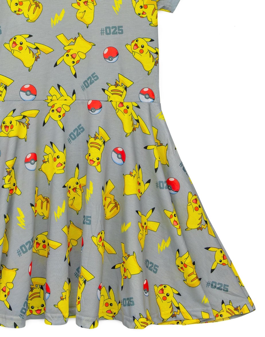 Pokemon Pikachu Grey Kids Short Sleeved Skater Dress (5-14 Years)