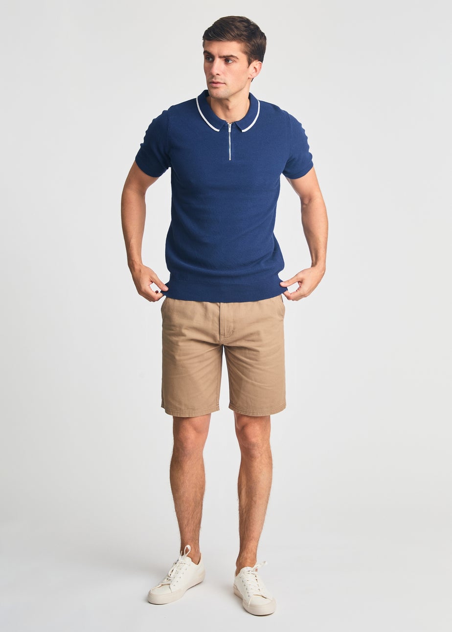Kensington Eastside Dark Blue Cotton Short Sleeve Zip Neck Polo Shirt