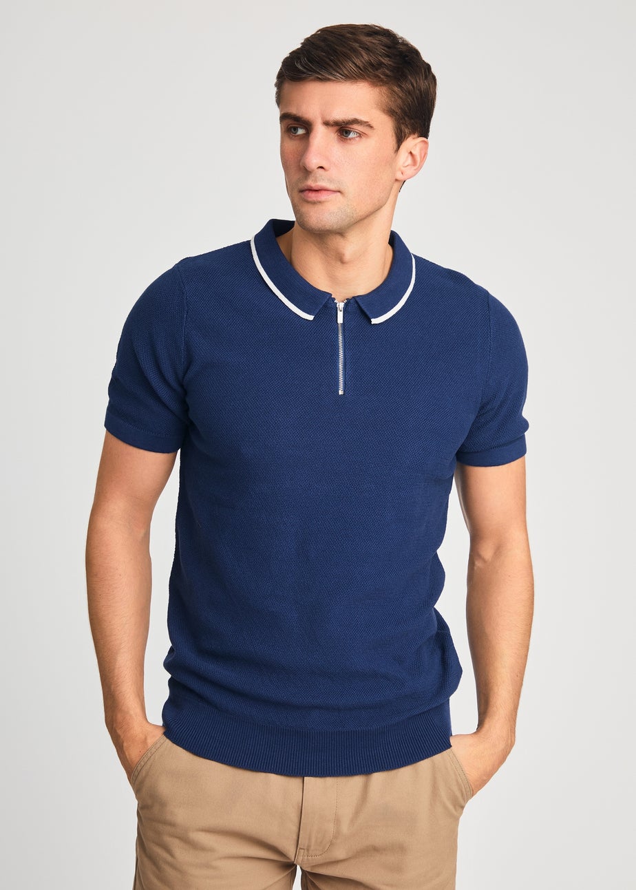 Kensington Eastside Dark Blue Cotton Short Sleeve Zip Neck Polo Shirt