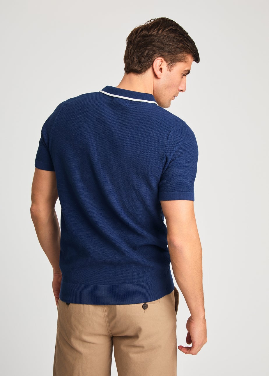 Kensington Eastside Dark Blue Cotton Short Sleeve Zip Neck Polo Shirt