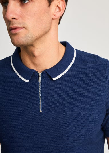 Kensington Eastside Dark Blue Cotton Short Sleeve Zip Neck Polo Shirt