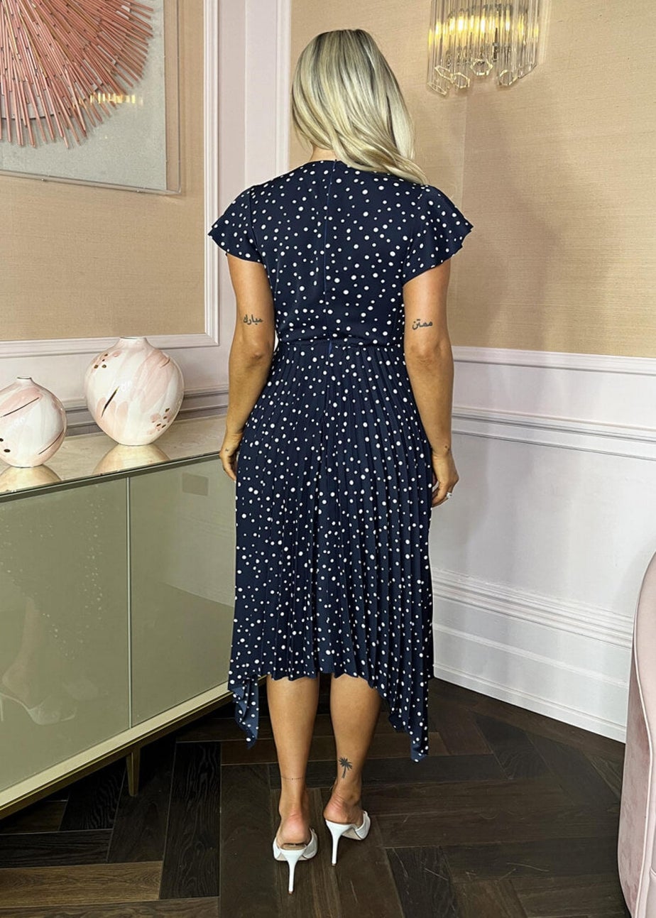 AX Paris Navy Polka Dot Print Wrap Top Zig Zag Hem Pleated Midi Dress