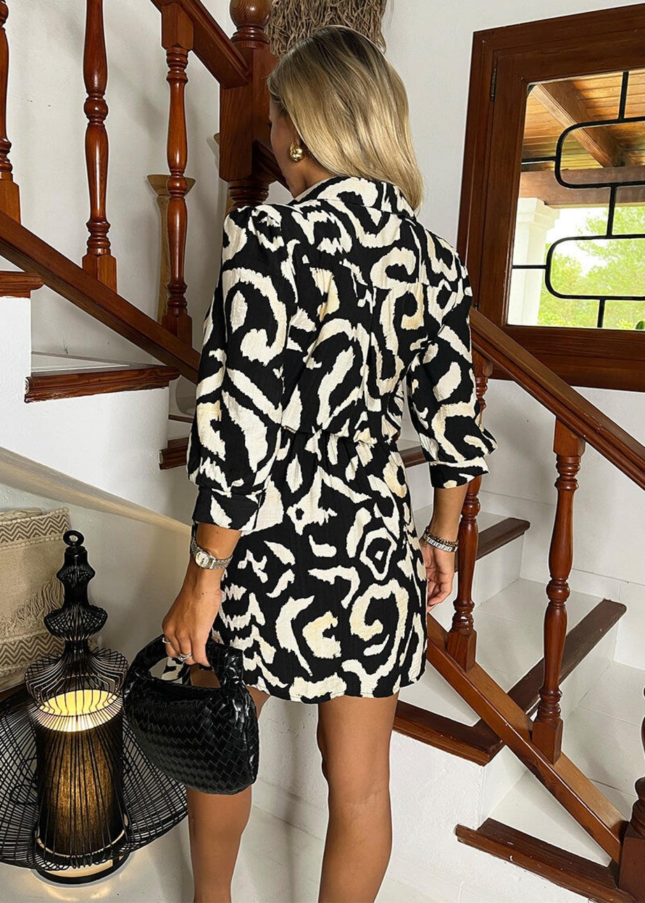 AX Paris Black & Cream Abstract Print 3/4 Sleeves Waist Side Tie Mini Dress
