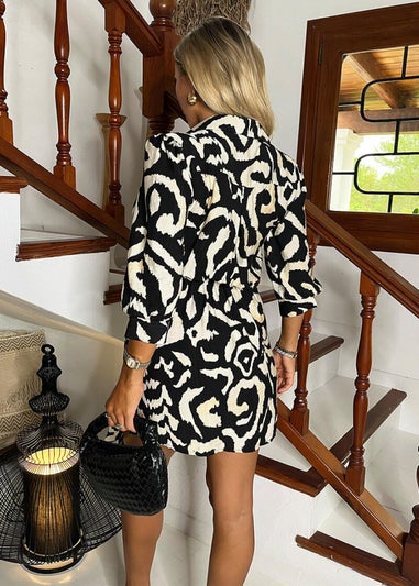 AX Paris Black & Cream Abstract Print 3/4 Sleeves Waist Side Tie Mini Dress