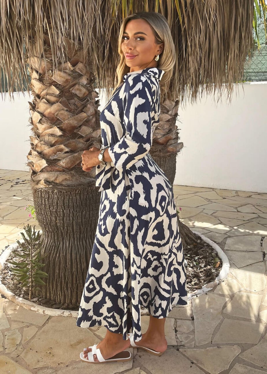 AX Paris Navy & Cream Abstract Print 3/4 Sleeve Tie Waist Shirt Midi Dress