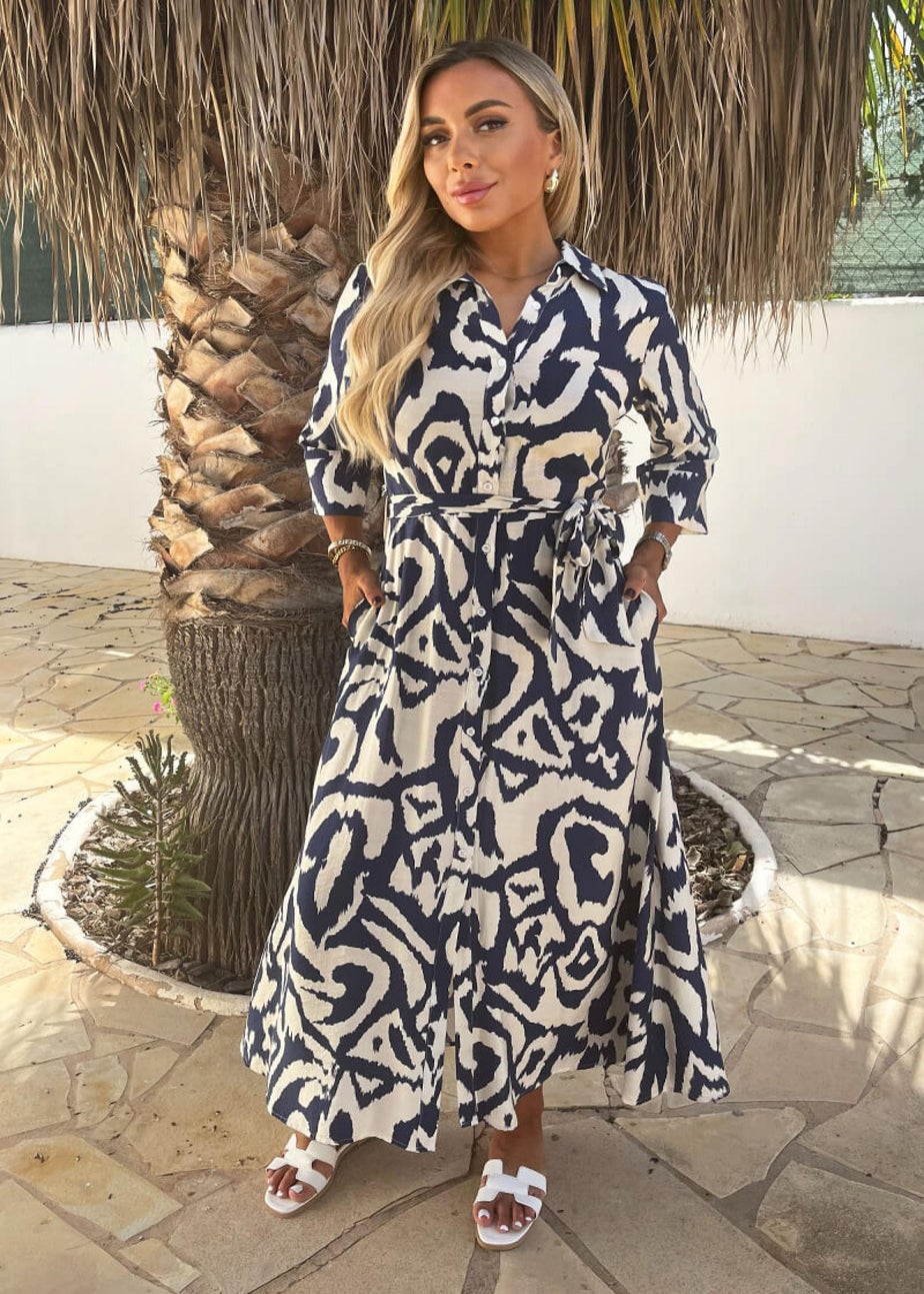 AX Paris Navy & Cream Abstract Print 3/4 Sleeve Tie Waist Shirt Midi Dress