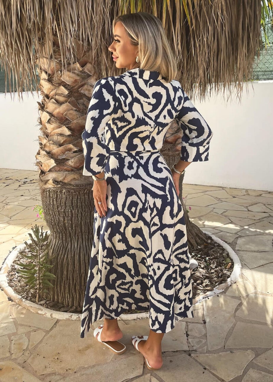 AX Paris Navy & Cream Abstract Print 3/4 Sleeve Tie Waist Shirt Midi Dress