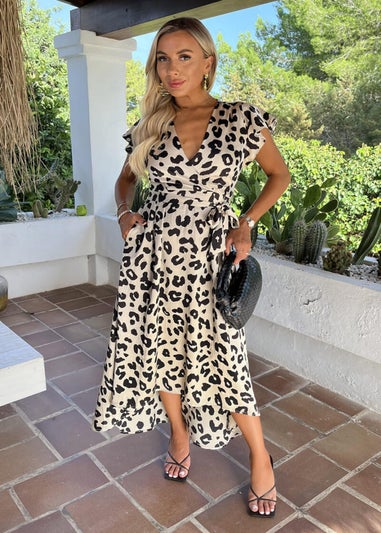 AX Paris Multi Black & Cream Leopard Print Short Sleeve Belted Wrap Midi Dress