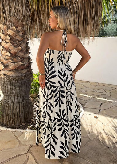 AX Paris Black & White Leaf Print Tie Neck Shirred Top Smock Midi Dress