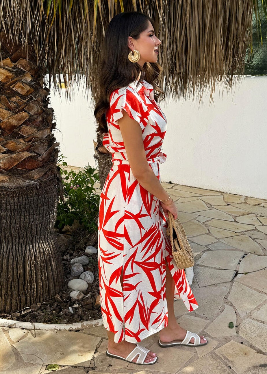 AX Paris Orange Tropical Print Tie Waist Shirt Midi Dress