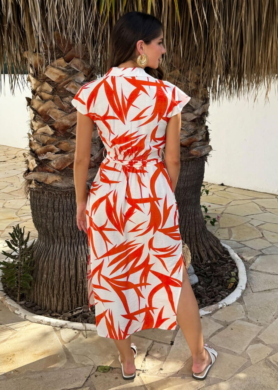 AX Paris Orange Tropical Print Tie Waist Shirt Midi Dress