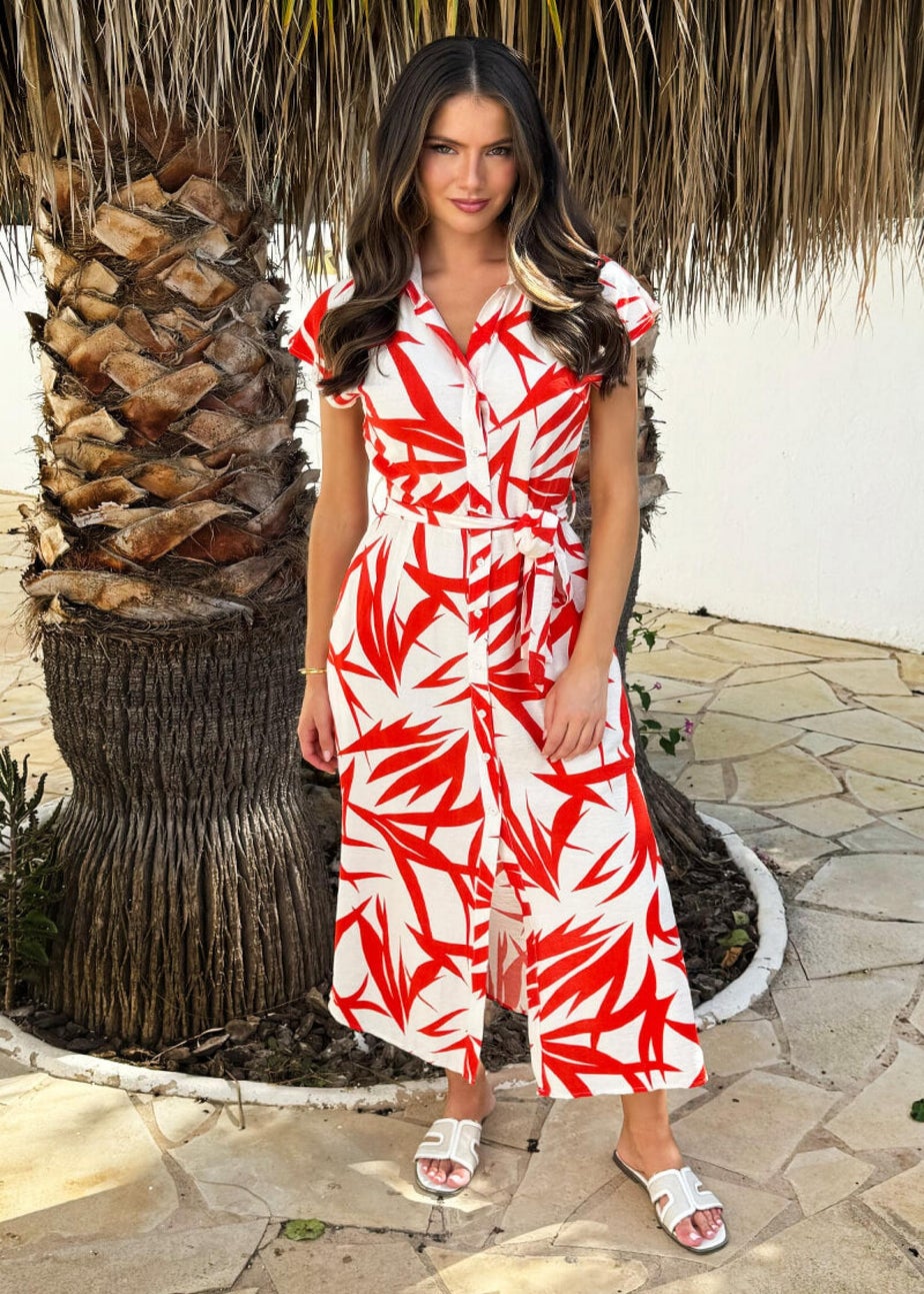 AX Paris Orange Tropical Print Tie Waist Shirt Midi Dress