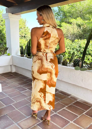 AX Paris Brown Marble Print Halter Neck Draped Waist Midi Dress
