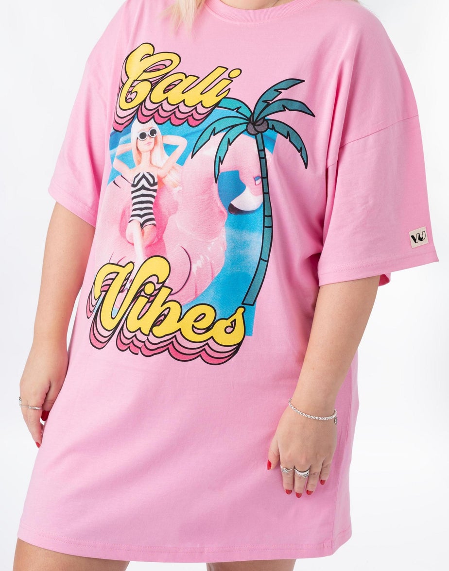 Vanilla Underground Barbie Pink "Cali Vibes" Skater Short Sleeve T-Shirt Dress