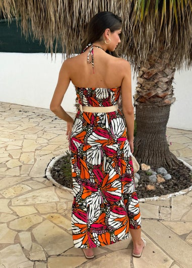 AX Paris Multi Butterfly Print Halterneck Straw Belt Tiered Midi Dress