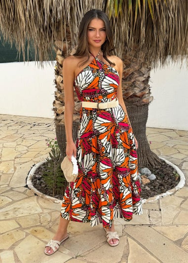 AX Paris Multi Butterfly Print Halterneck Straw Belt Tiered Midi Dress