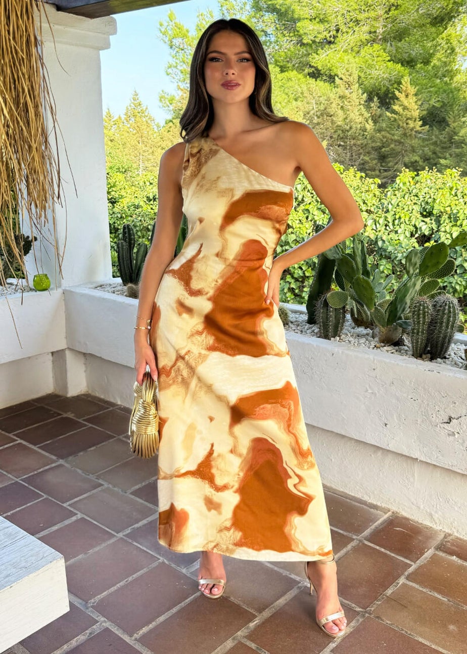 AX Paris Brown Marble Print One Shoulder Open Back Twist Detail Midi Dress