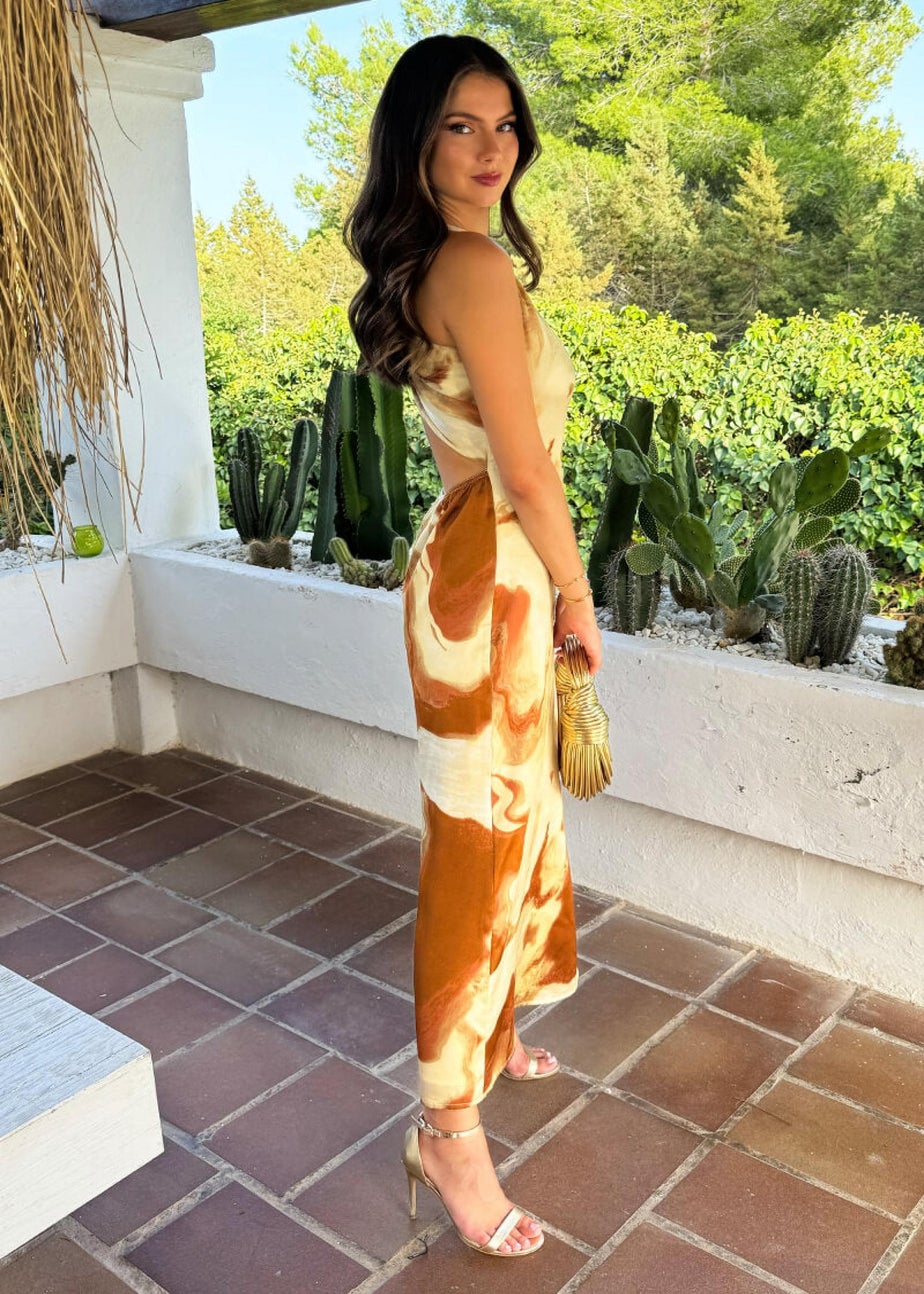 AX Paris Brown Marble Print One Shoulder Open Back Twist Detail Midi Dress