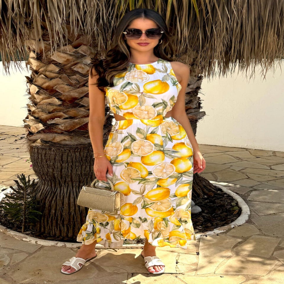 AX Paris Yellow Lemon Print Waist Cut Out Frill Hem Midi Dress