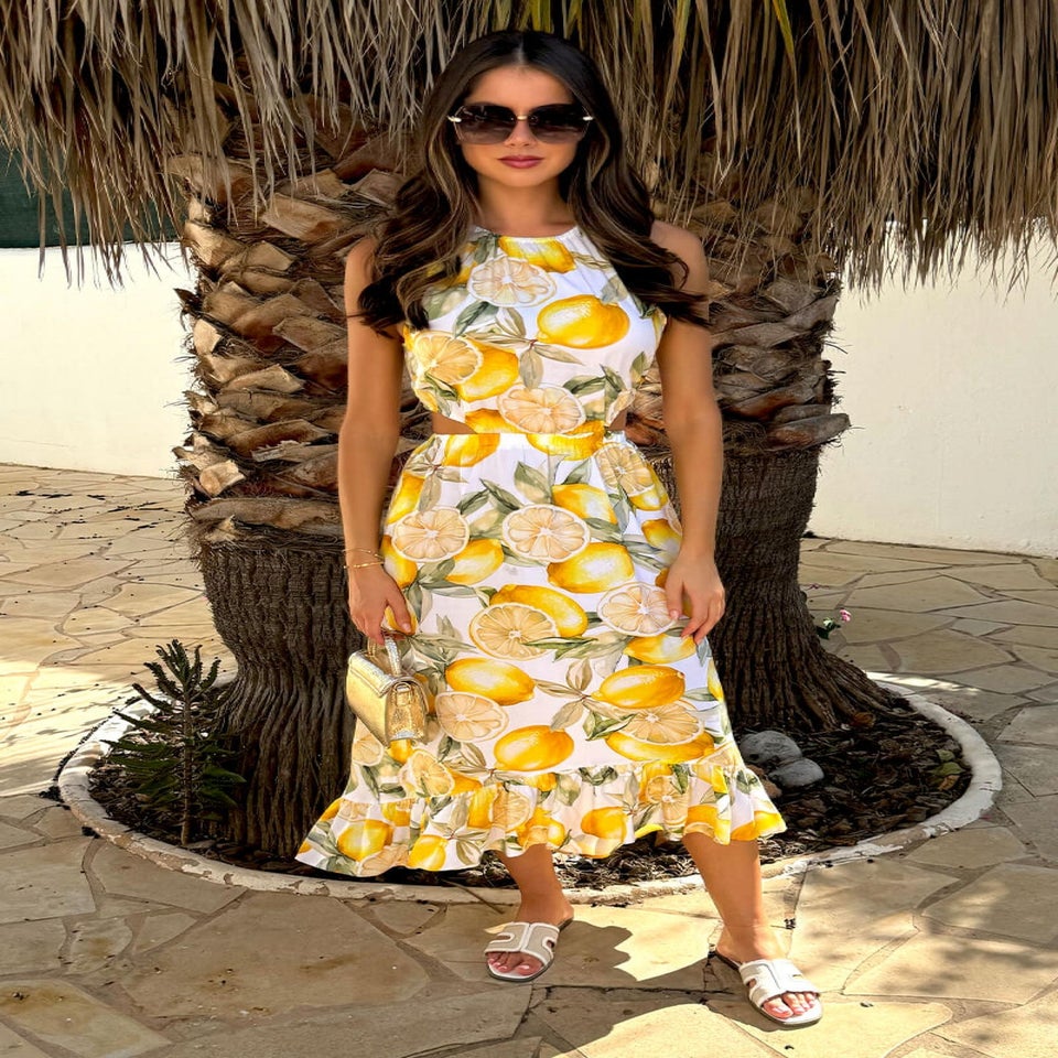 AX Paris Yellow Lemon Print Waist Cut Out Frill Hem Midi Dress