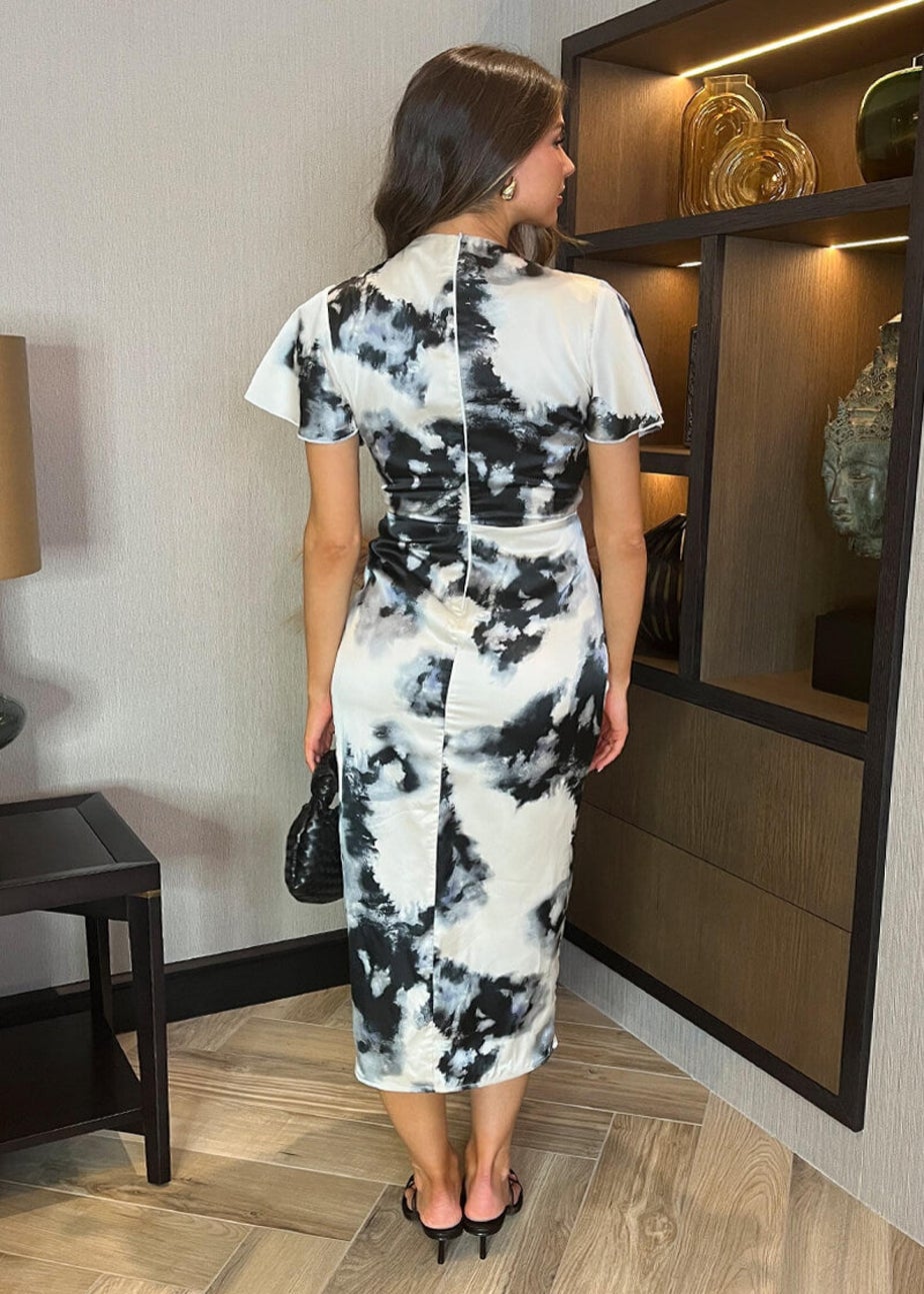 AX Paris Mutli Black & White Marble Print Flutter Sleeve Wrap Top Gathered Midi Dress