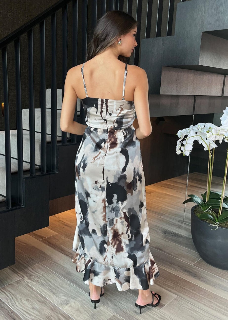 AX Paris Multi Marble Print Strappy High Low Frill Hem Midi Dress