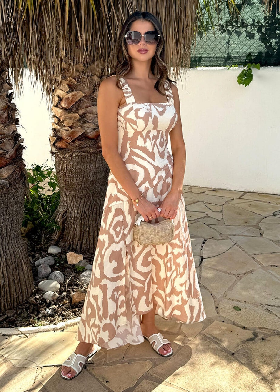 AX Paris Beige Abstract Print Shirred Straps Button Detail Midi Dress