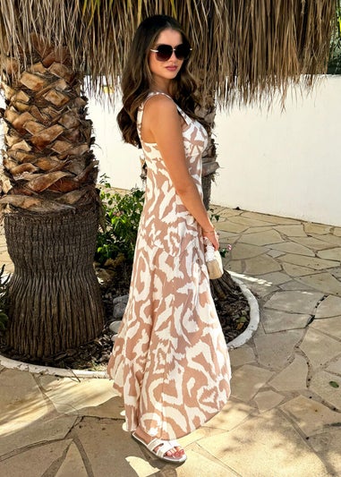 AX Paris Beige Abstract Print Shirred Straps Button Detail Midi Dress