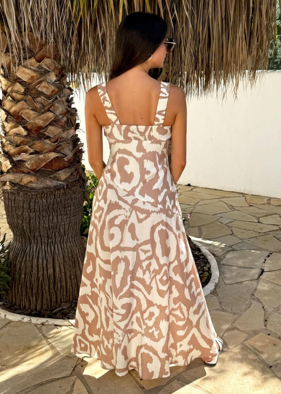 AX Paris Beige Abstract Print Shirred Straps Button Detail Midi Dress