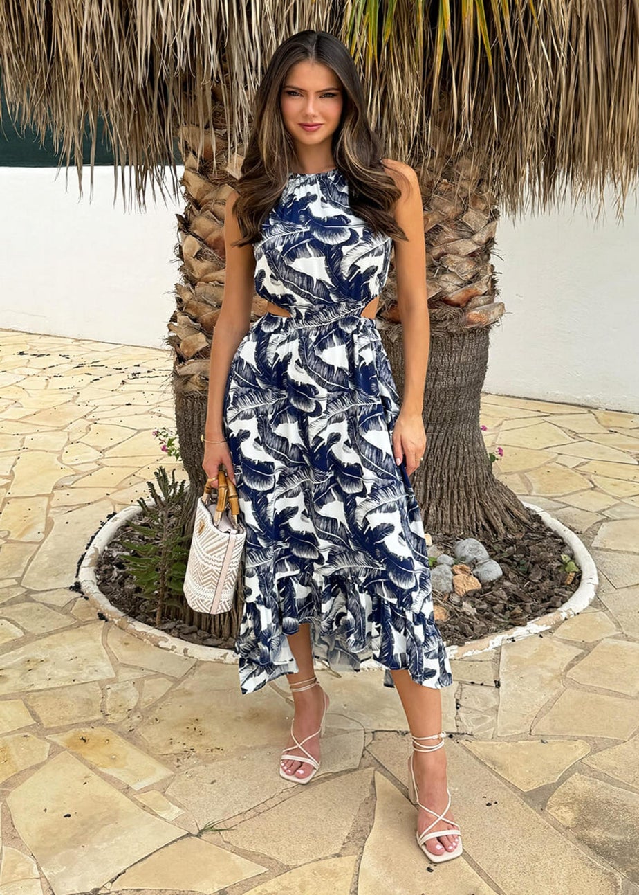 AX Paris Navy Leaf Print Waist Cut Out Frill Hem Midi Dress