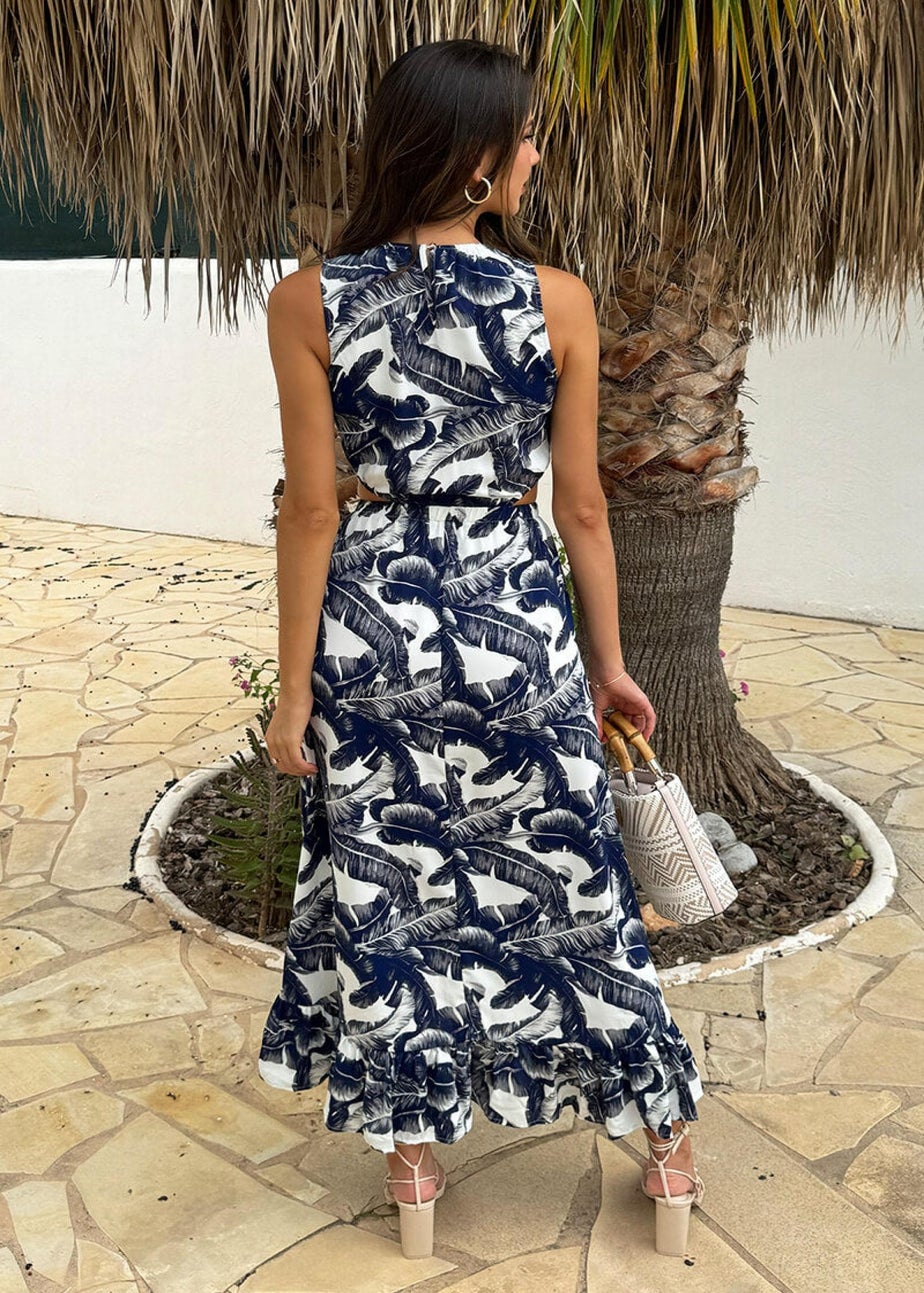 AX Paris Navy Leaf Print Waist Cut Out Frill Hem Midi Dress