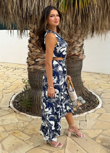 AX Paris Navy Leaf Print Waist Cut Out Frill Hem Midi Dress