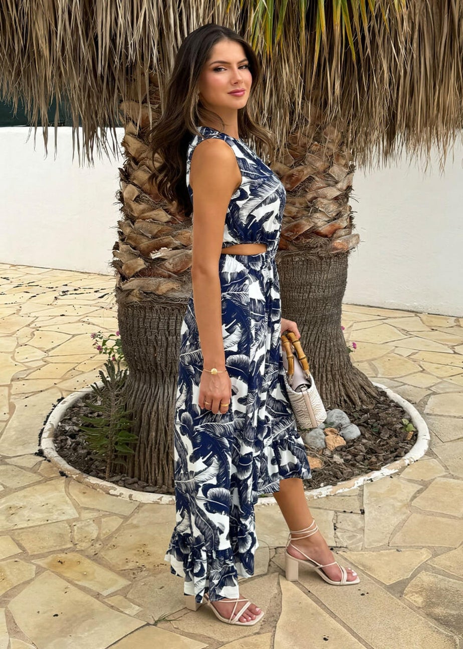 AX Paris Navy Leaf Print Waist Cut Out Frill Hem Midi Dress