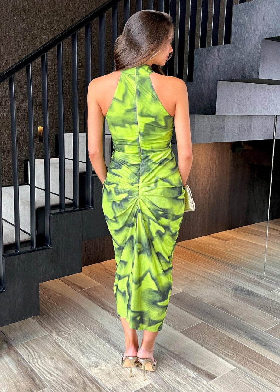 AX Paris Lime Tie Dye Print Halter Neck Knot Skirt Mesh Midi Dress