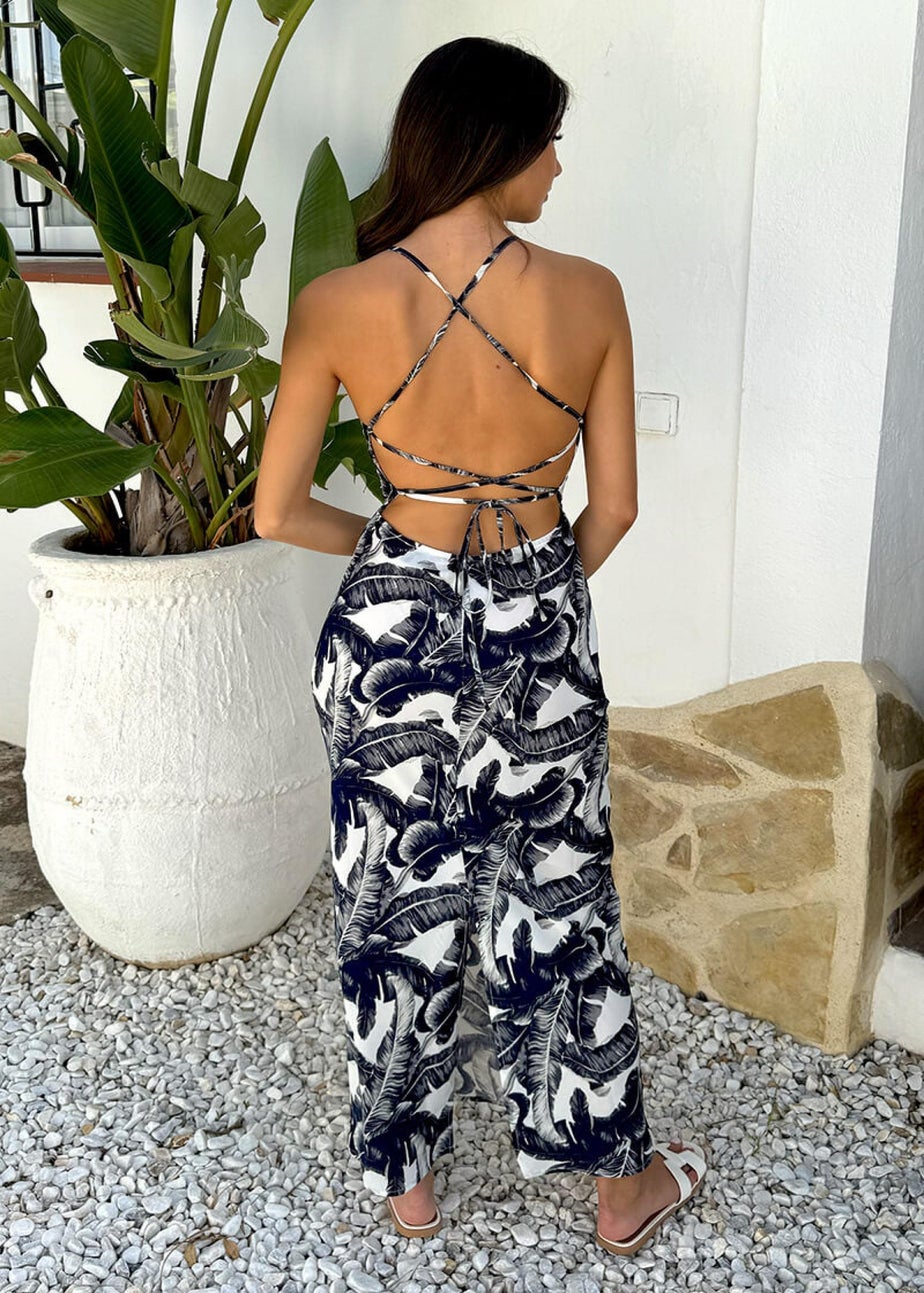 AX Paris Navy Leaf Print Strappy Tie Back Slip Midi Dress