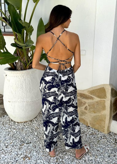 AX Paris Navy Leaf Print Strappy Tie Back Slip Midi Dress
