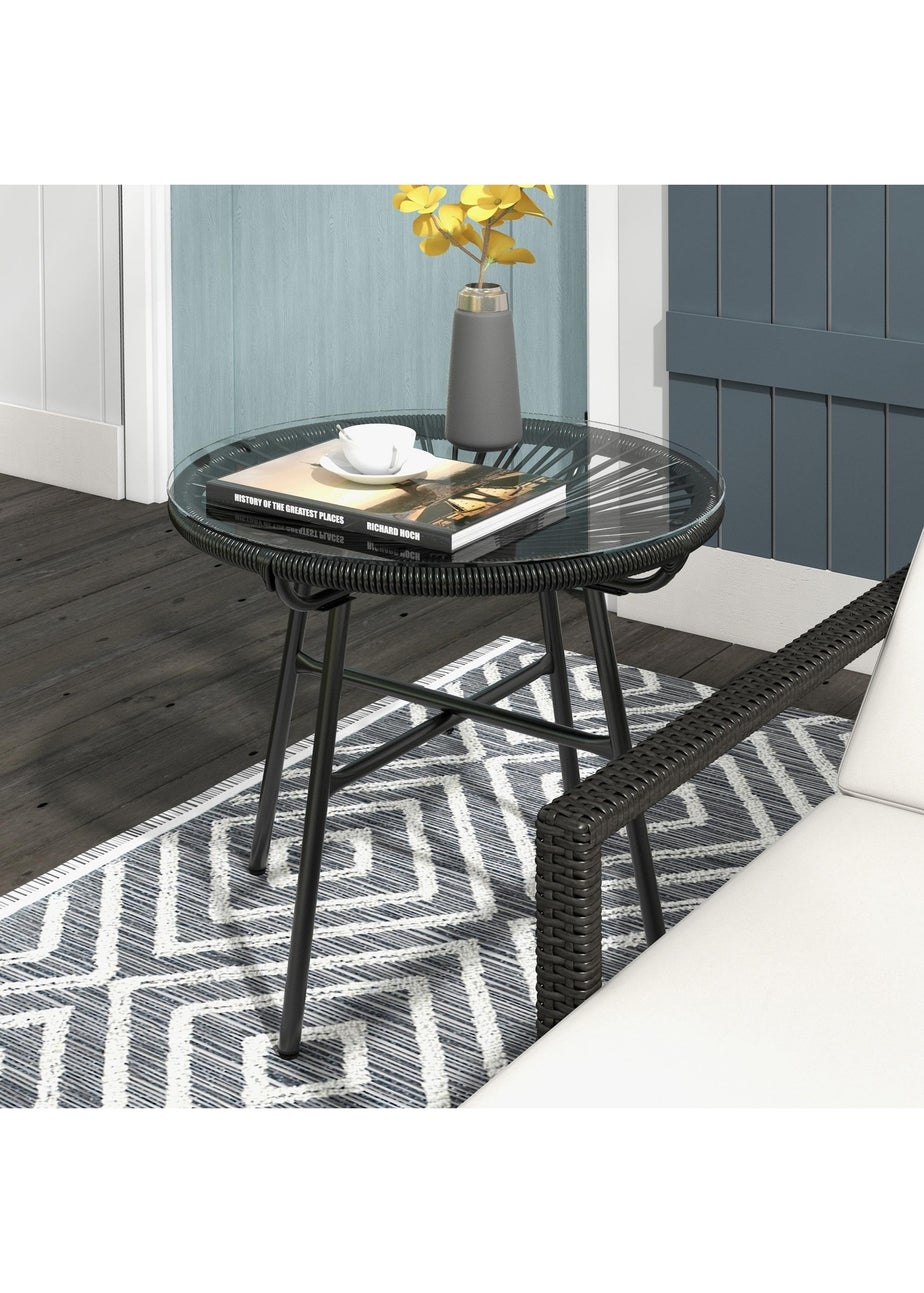 Outsunny Rattan Side Table with Tempered Glass Tabletop