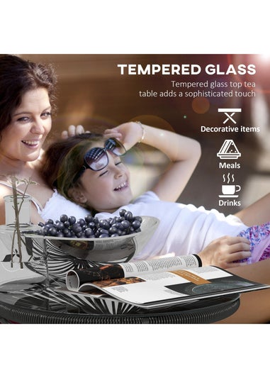 Outsunny Rattan Side Table with Tempered Glass Tabletop