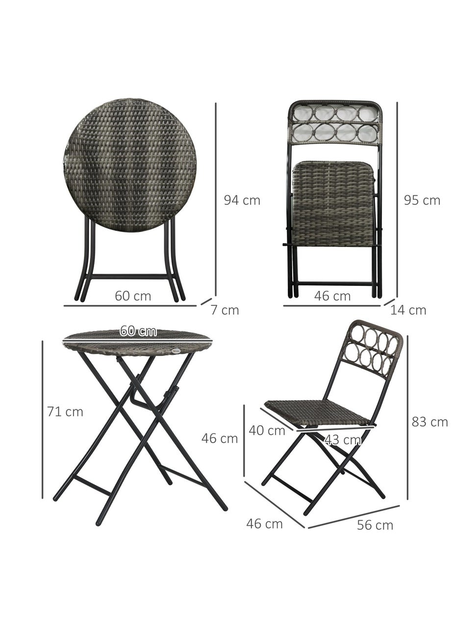Outsunny 3 PCS Folding Rattan Wicker Bistro Set Coffee Table Set Grey