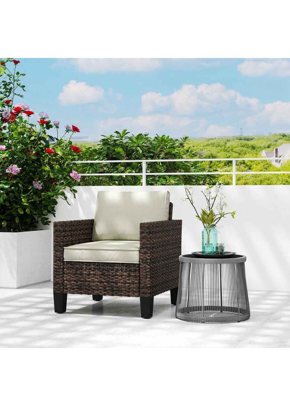Outsunny Single Rattan Chair Garden Armchair with Cushions
