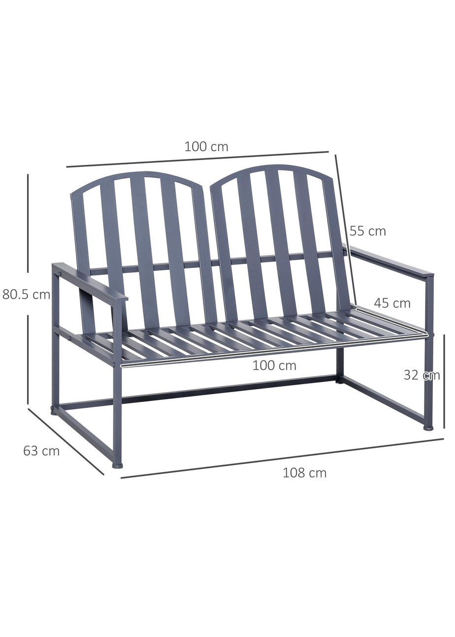 Outsunny 2 Seat Steel Patio Garden Bench Chair Slat Design Backyard Porch Grey