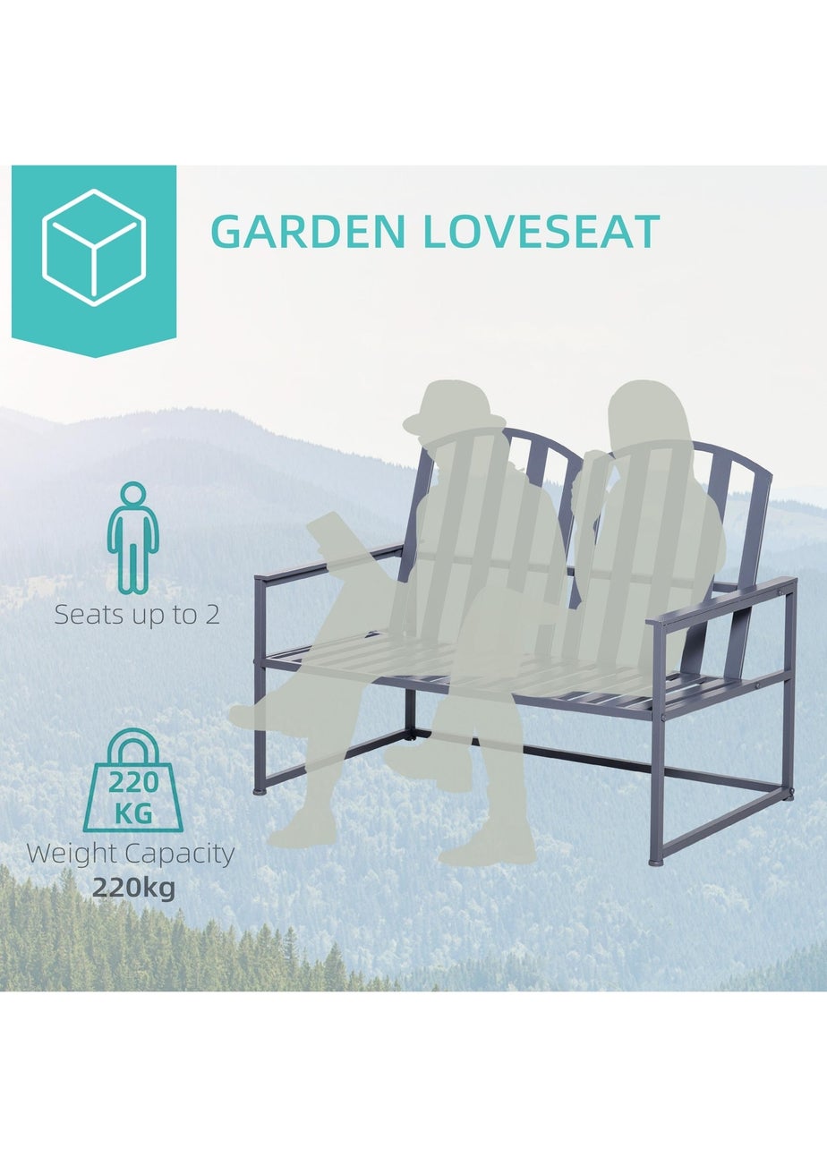 Outsunny 2 Seat Steel Patio Garden Bench Chair Slat Design Backyard Porch Grey