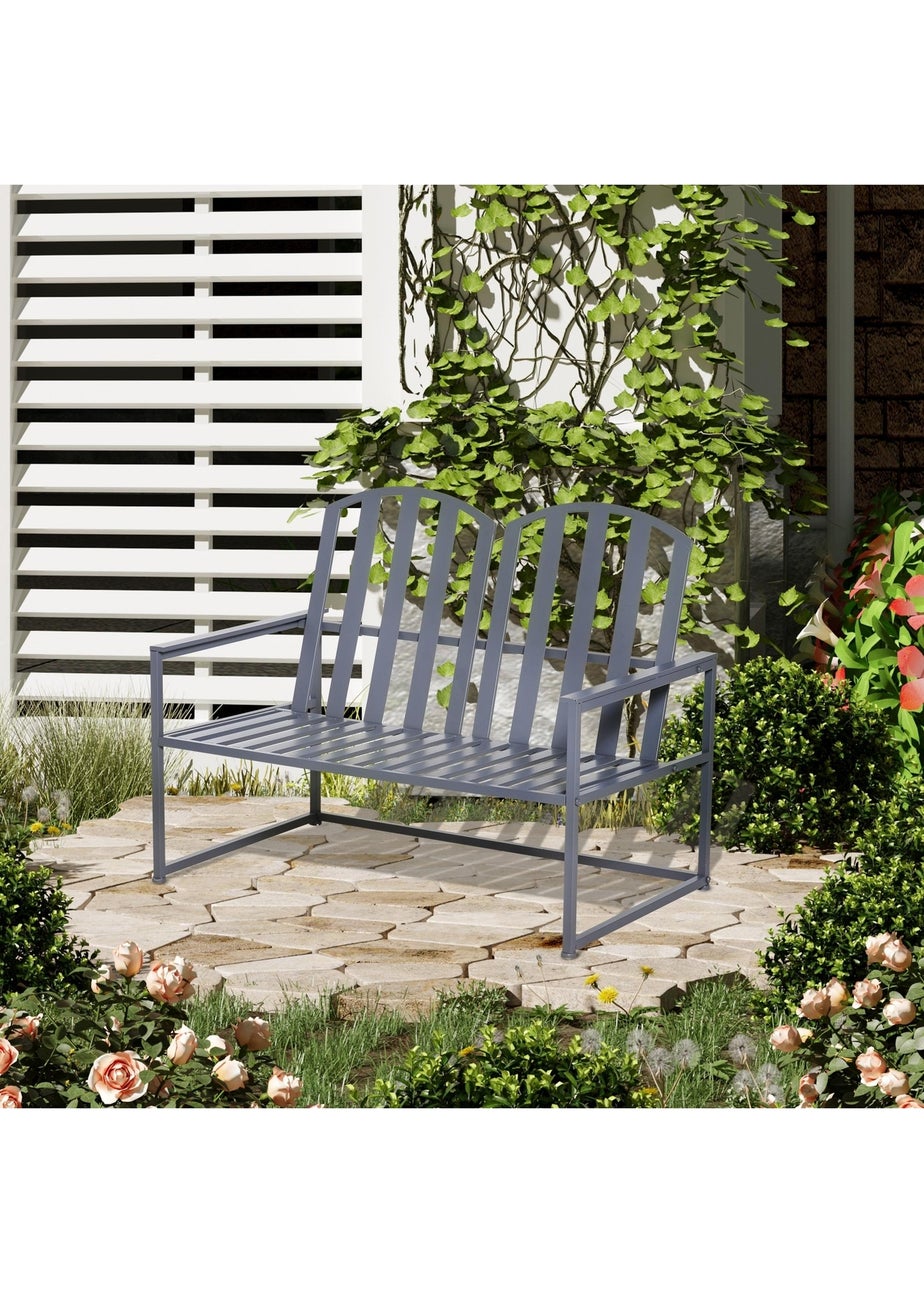 Outsunny 2 Seat Steel Patio Garden Bench Chair Slat Design Backyard Porch Grey