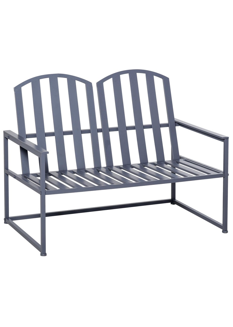 Outsunny 2 Seat Steel Patio Garden Bench Chair Slat Design Backyard Porch Grey