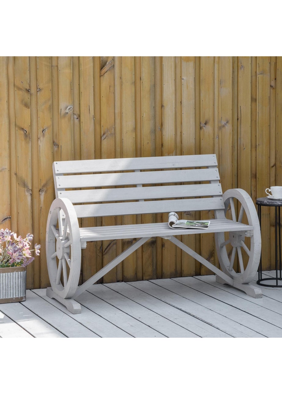 Outsunny 2 Seater Garden Bench with Wooden Cart Wagon Wheel