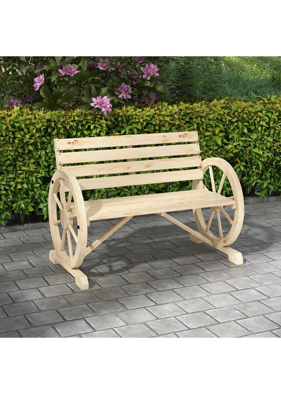 Outsunny 2 Seater Garden Bench with Wooden Cart Wagon Wheel