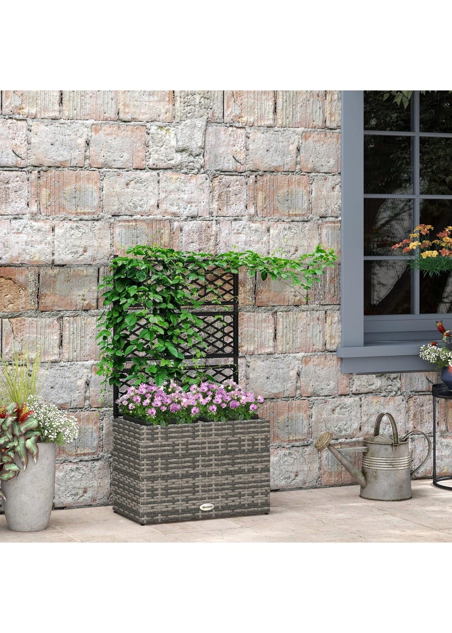 Outsunny Garden PE Rattan Planter Box with Trellis Flower Raised Bed (57x30x107cm)