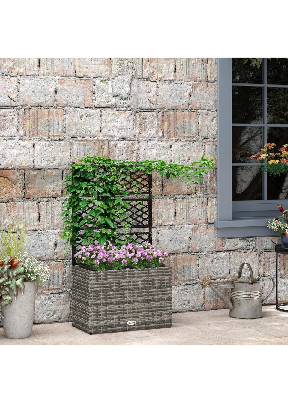 Outsunny Garden PE Rattan Planter Box with Trellis Flower Raised Bed (57x30x107cm)