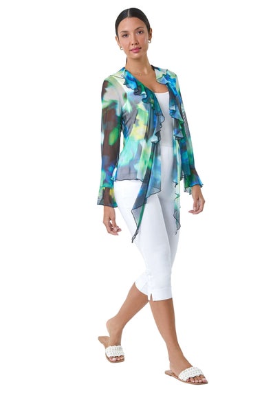 Roman Green Tie Frill Detail V Neck Stretch Mesh Top