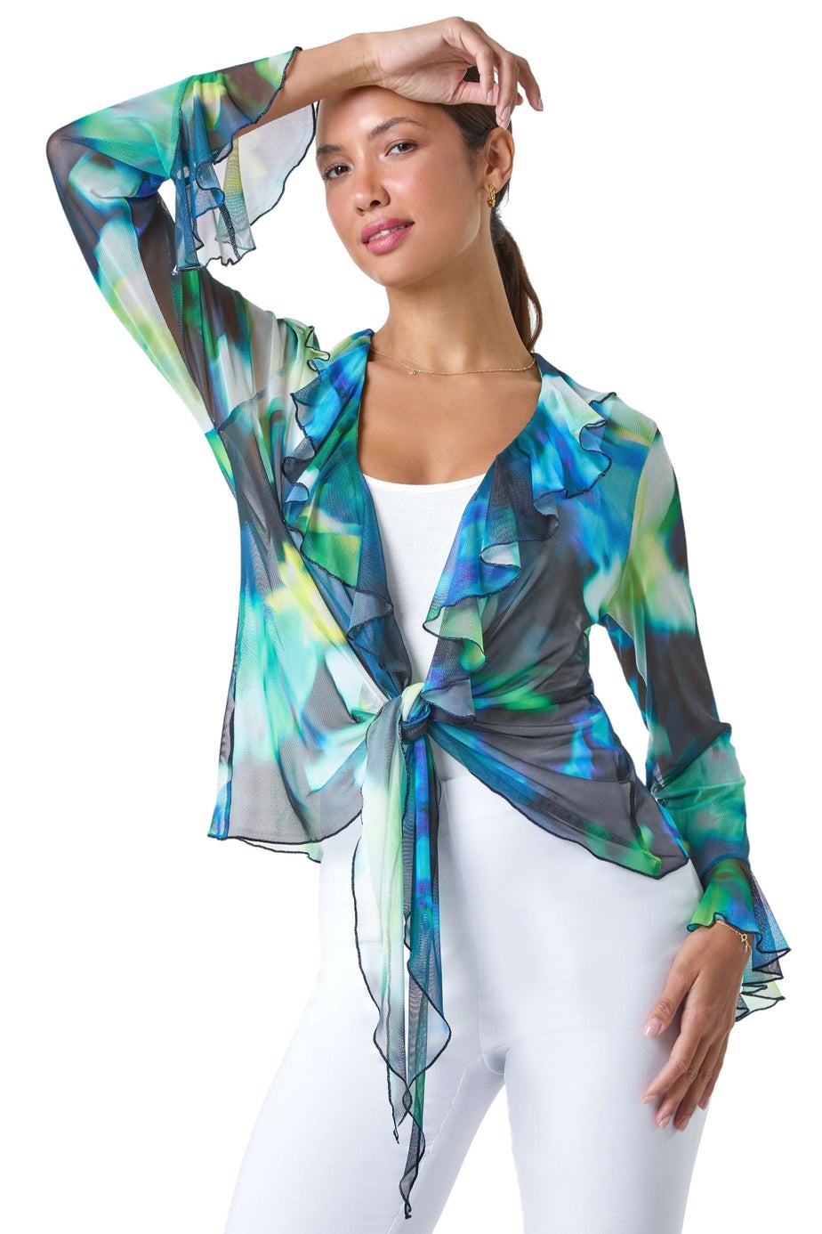 Roman Green Tie Frill Detail V Neck Stretch Mesh Top